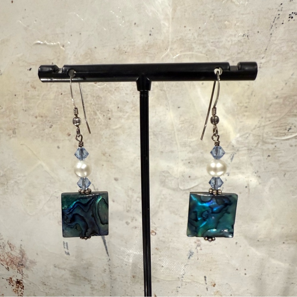 Estate Abalone Shell Pearl Crystal Sterling Silver Earrings NEVER WORN - Picture 3 of 4